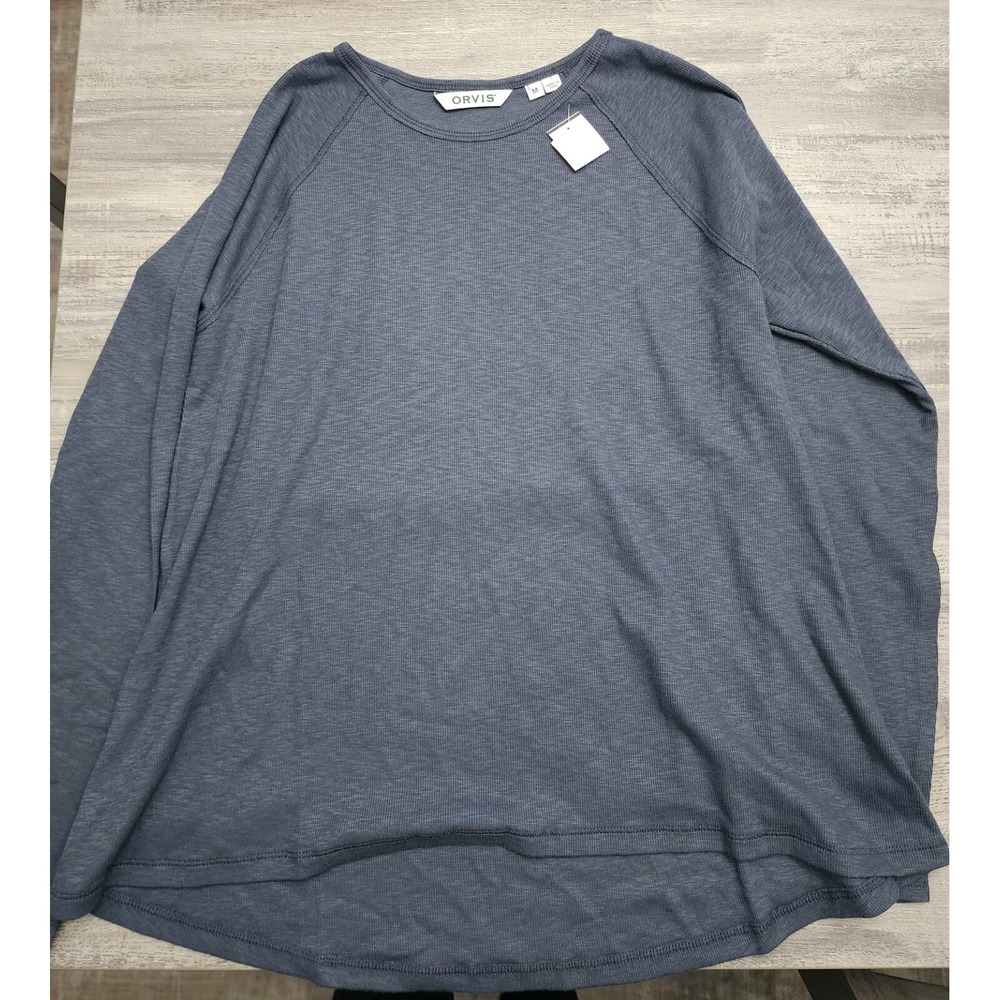Orvis Womens Medium Crew Neck Navy Blue Ribbed Long Sleeve Shirt Top Pullover